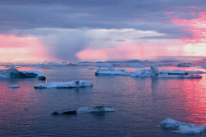 A rainstorm in the distance, as viewed from Disko Bay, Greenland.

