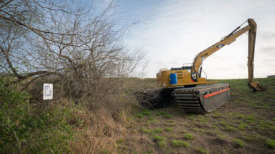An excavator clears trees for the border wall at La Parida Banco, part of the Lower Rio Grande Valley National Wildlife Refuge.